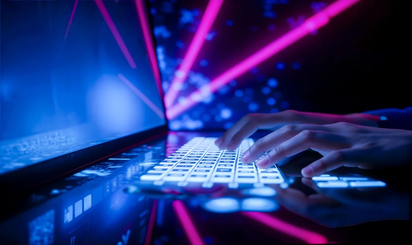 AI Fundamentals course — typing on a laptop amid streams of data