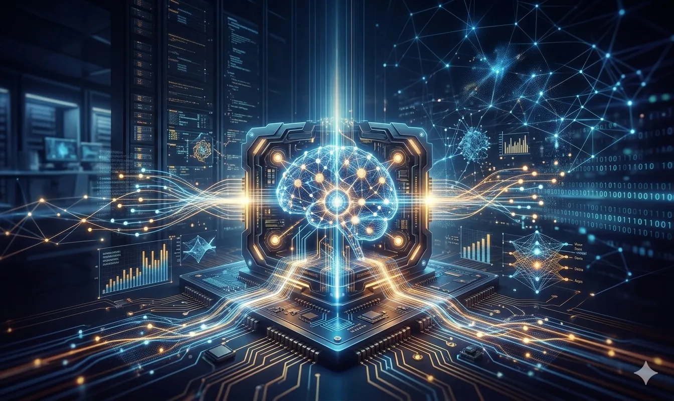 AI in Practice course — a glowing neural-network brain on a processor chip